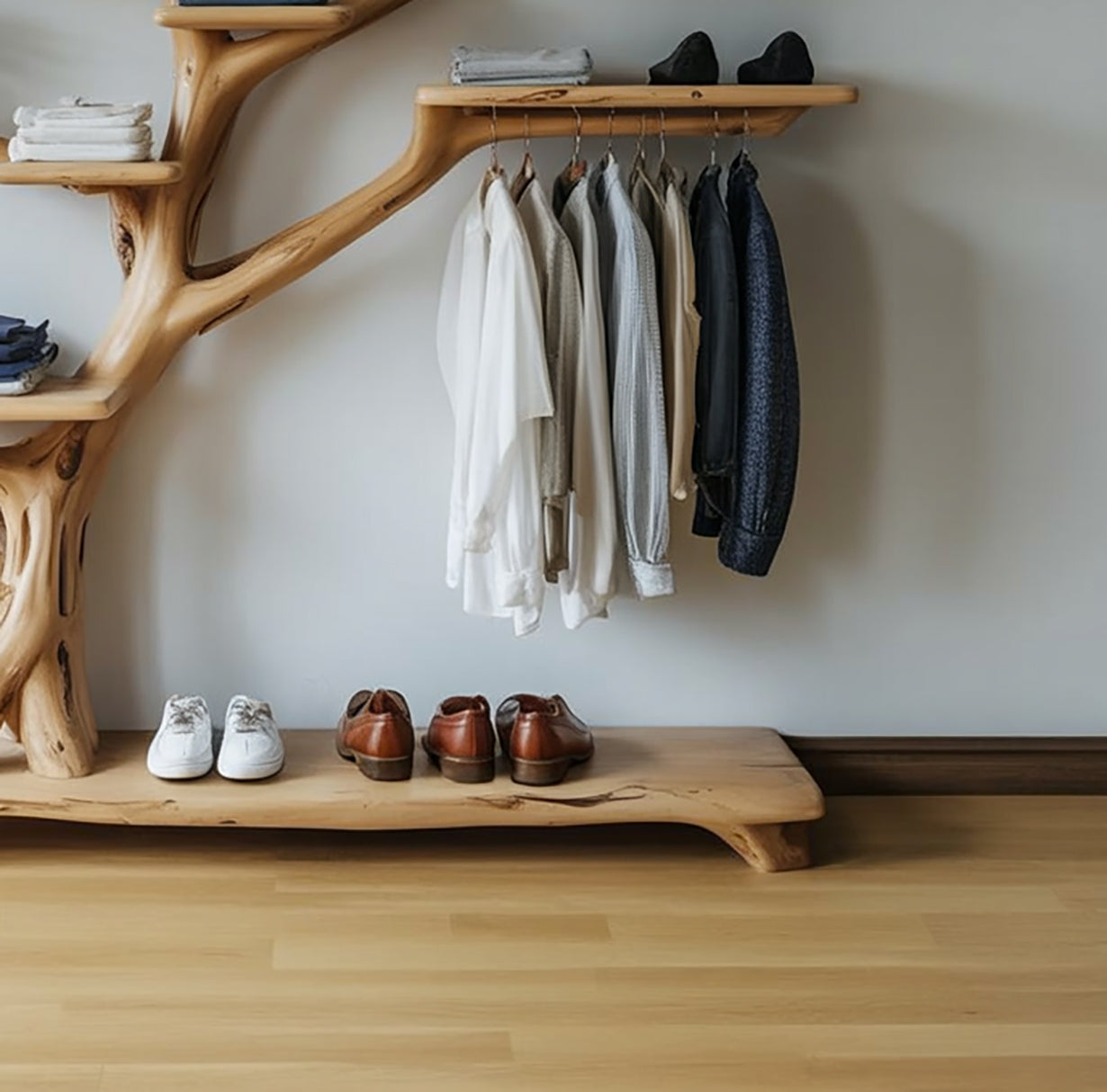 Handgemaakte Boom Kapstok Met Schoenenrek – Decoratieve Staander
