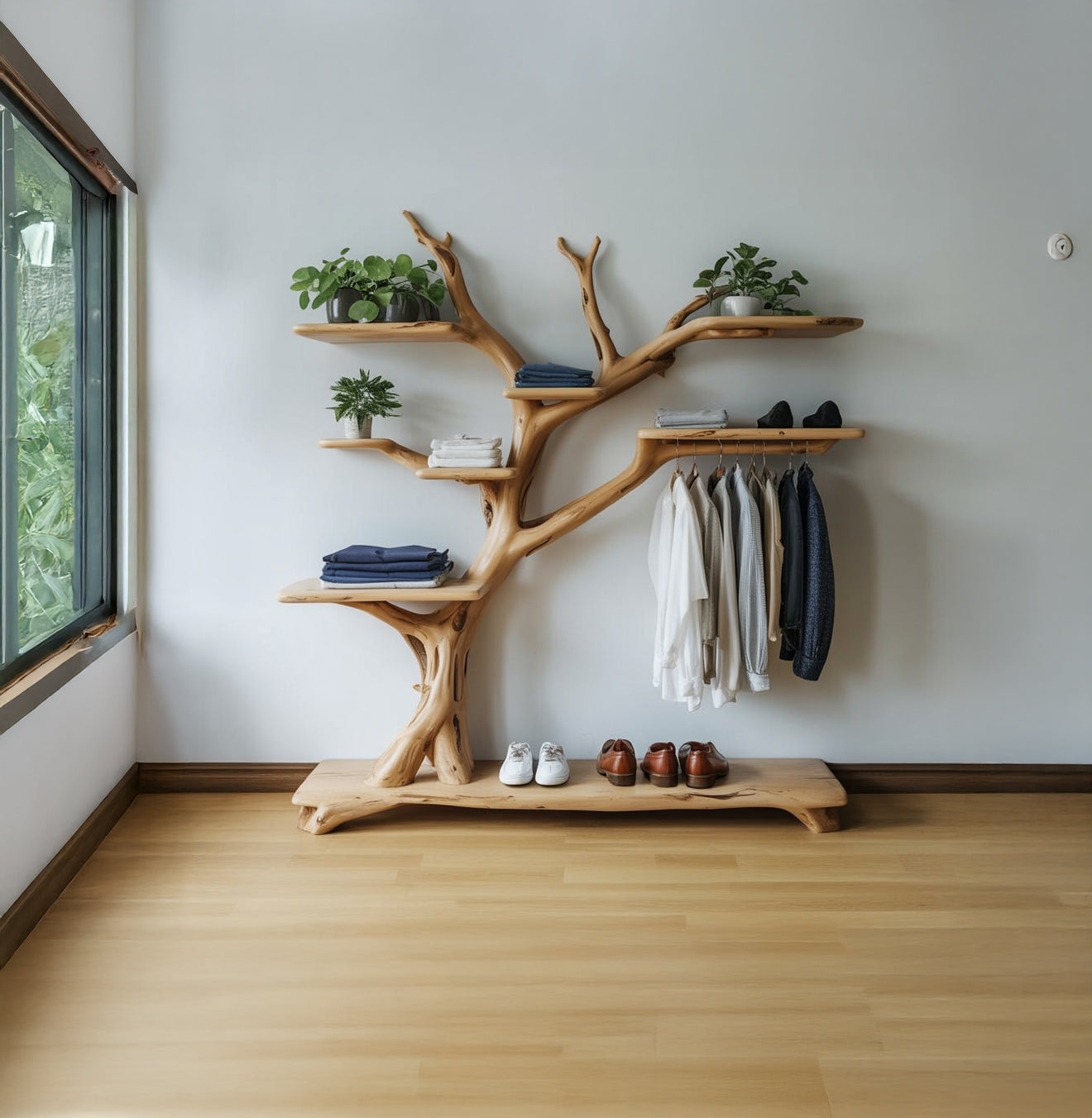 Handgemaakte Boom Kapstok Met Schoenenrek – Decoratieve Staander