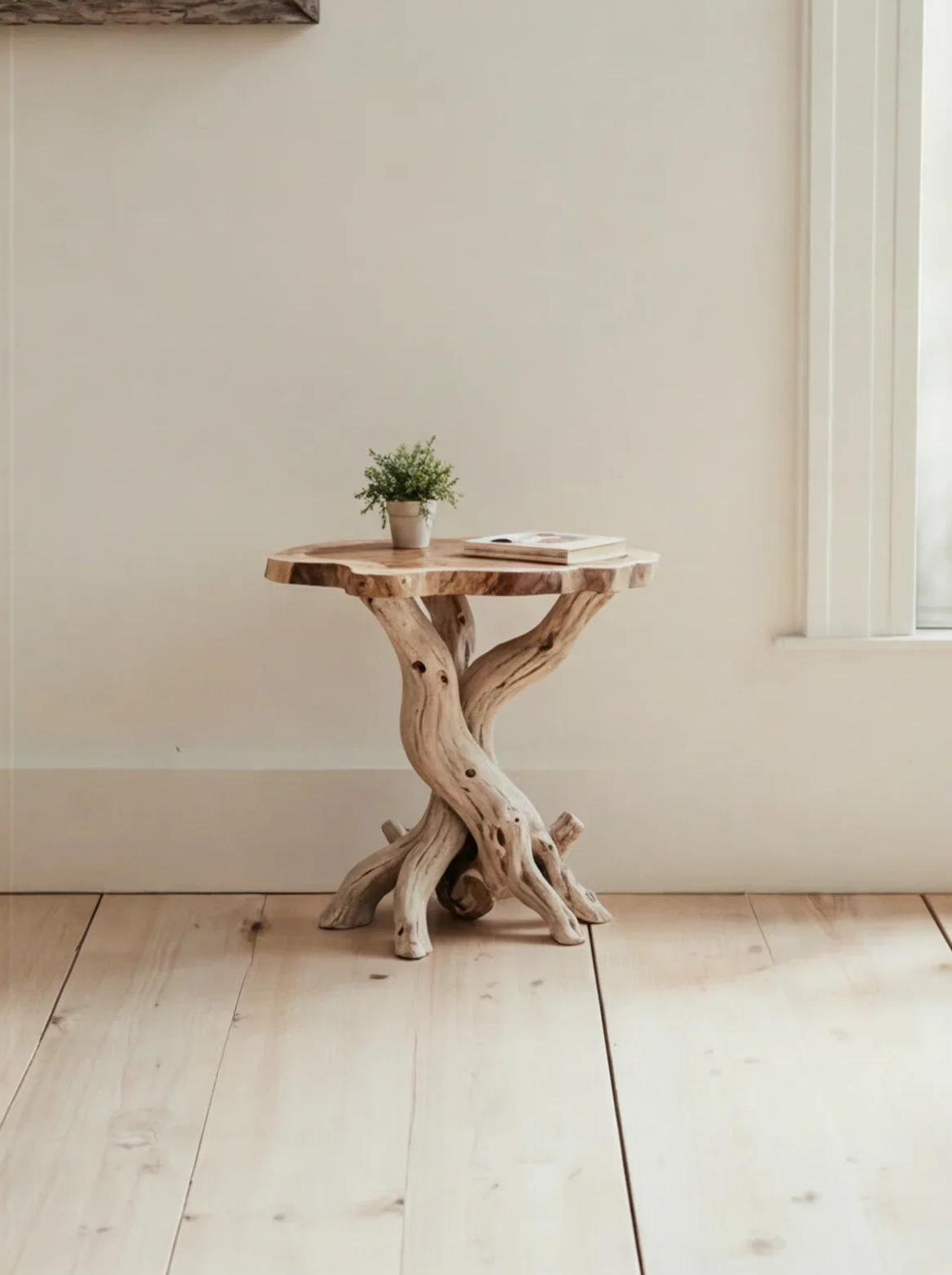 Sculpturale massief houten bijzettafel met organische voet en kamerplant