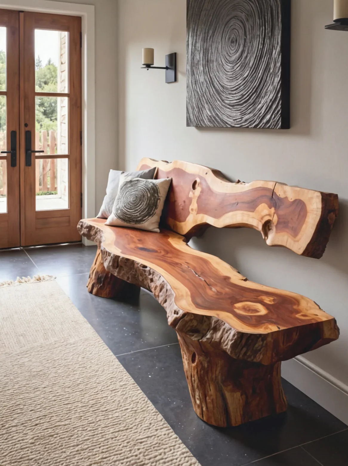 Massief houten boomrand zitbank met natuurlijke afwerking in moderne hal