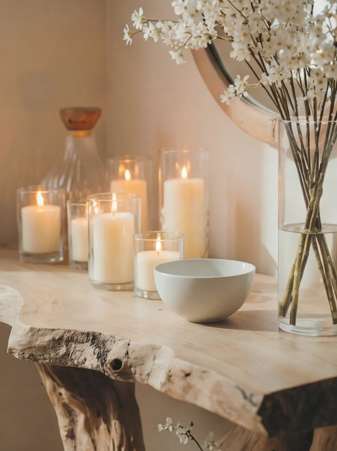 Smalle haltafel van massief hout met decoratieve kaarsen en keramische schaal