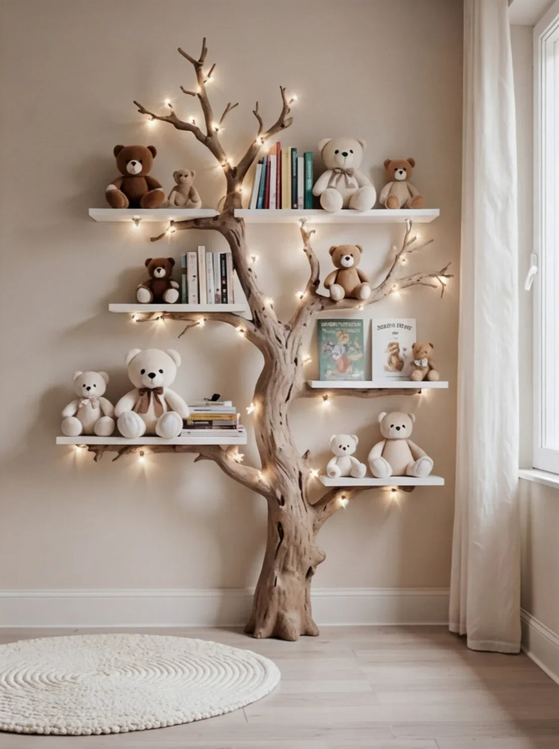 Boom boekenplank met lichtsnoer, knuffels en kinderboeken in gezellige kinderkamer