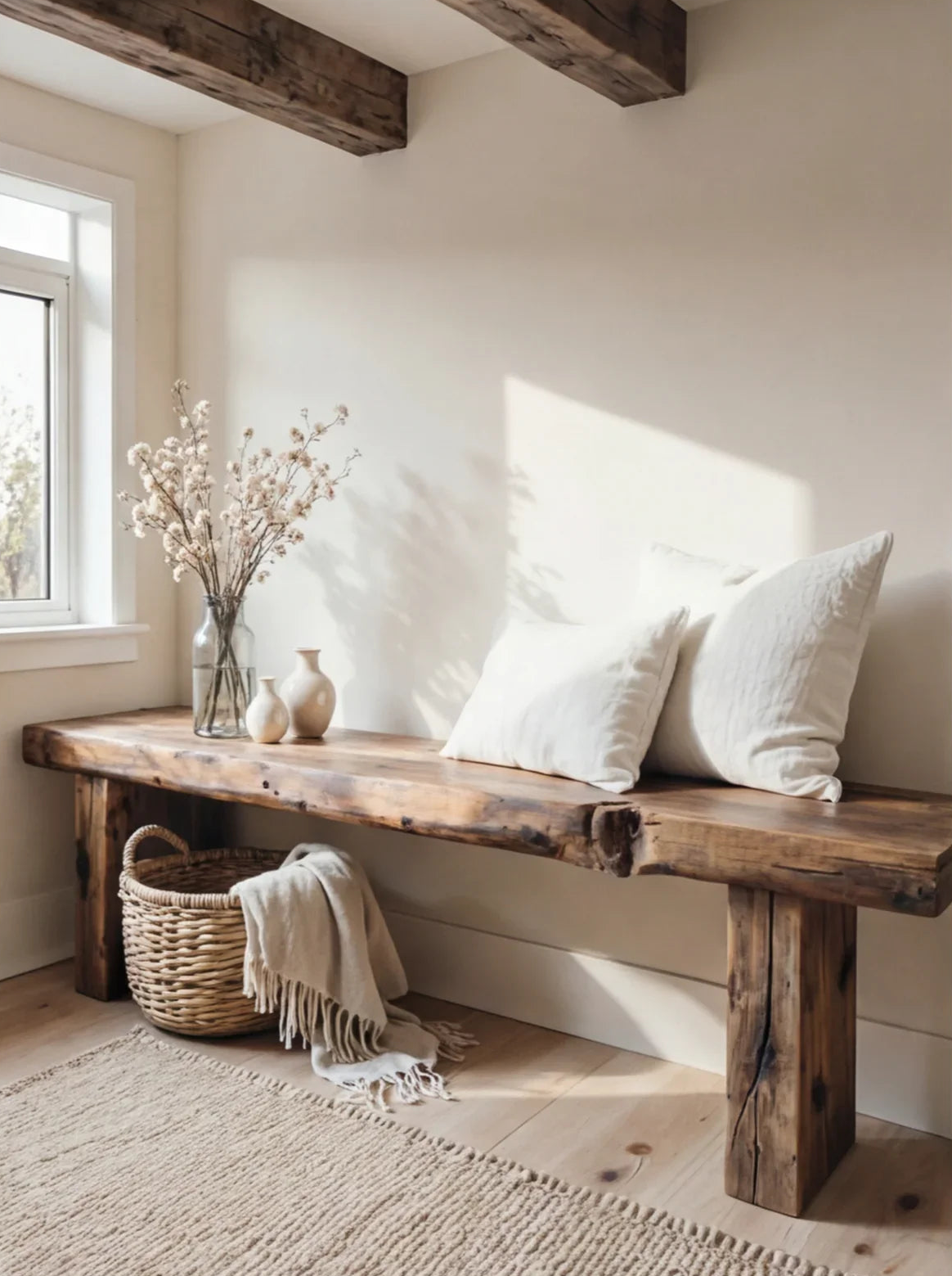 Zwevende boomrand tafel met lichte kussens en mand in minimalistische ruimte