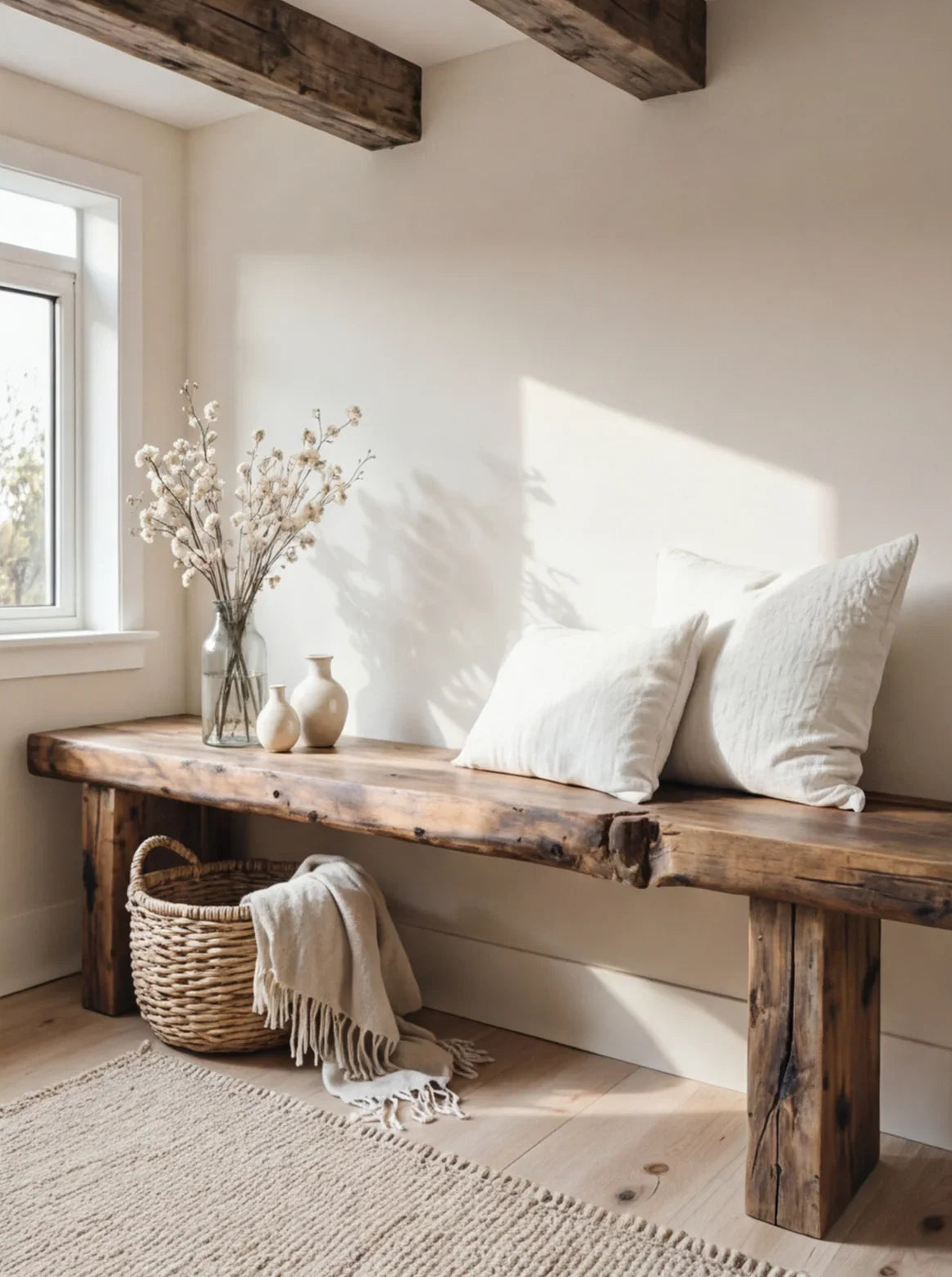 Rustieke massief houten haltafel met woonaccessoires en plaid