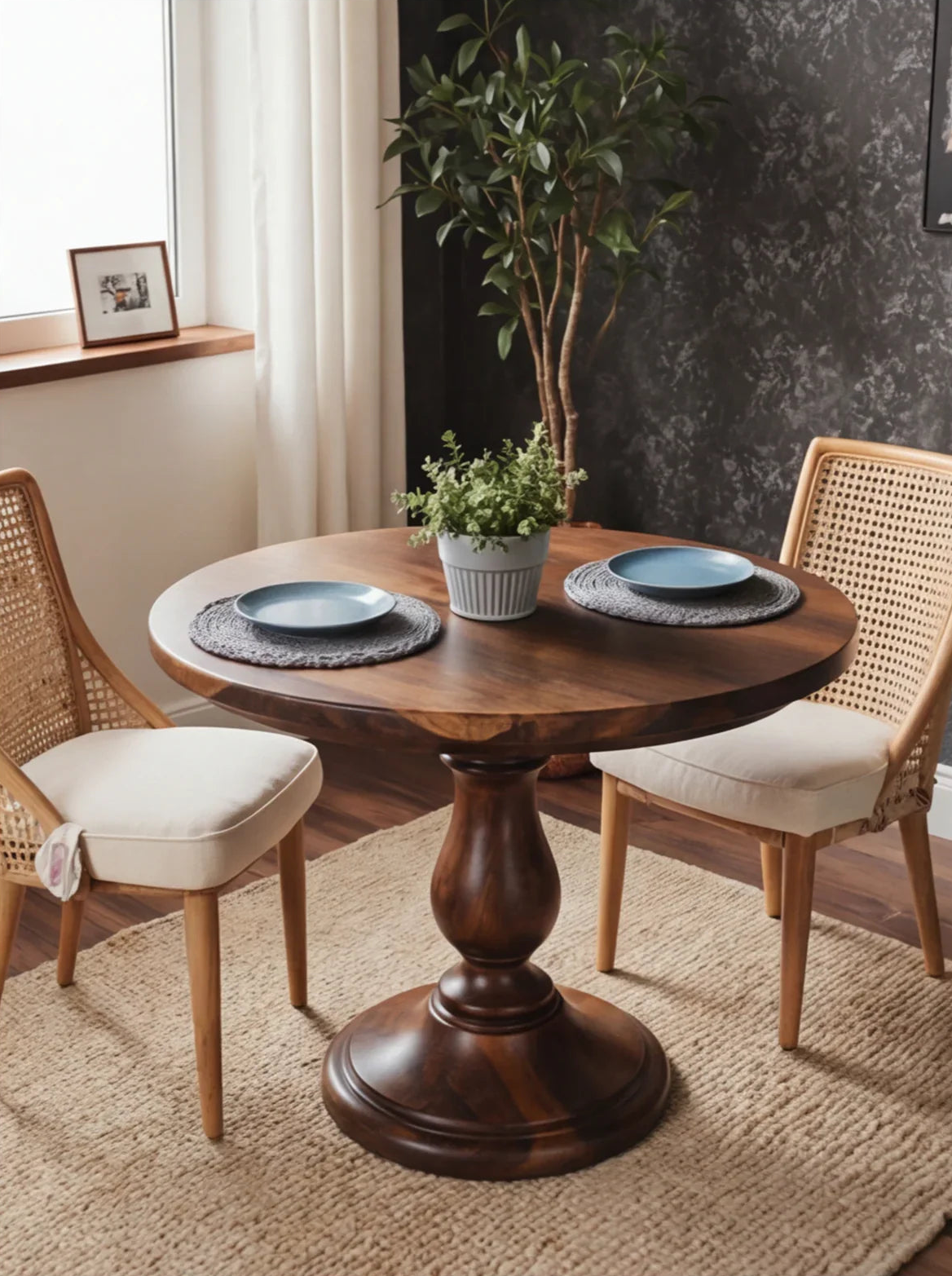 Ronde massief houten eettafel met zuilpoot en twee stoelen in minimalistisch decor