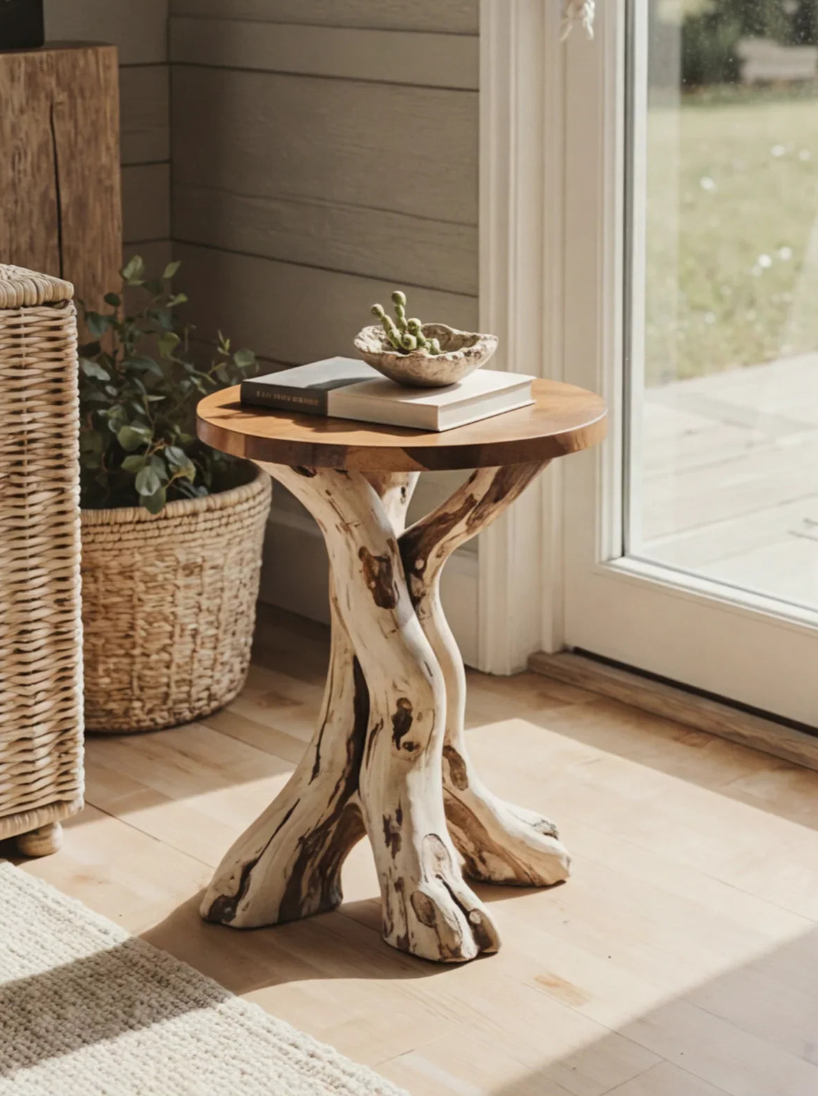 Massief houten bijzettafel met gedraaide voet in een lichte moderne woonkamer