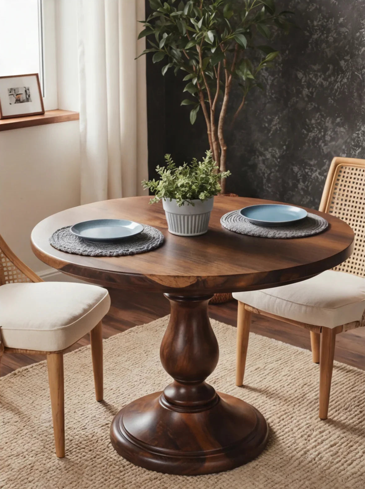 Massief houten ronde eettafel met tulpenpoot in een sfeervolle moderne eetkamer