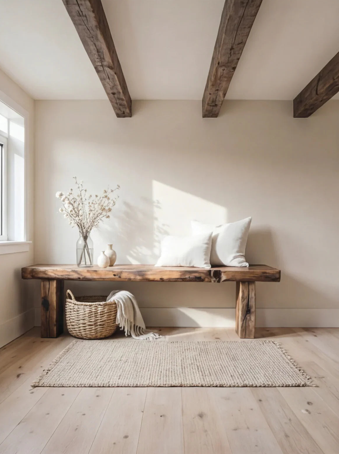 Massief houten meubel met witte kussens en decoratieve accessoires