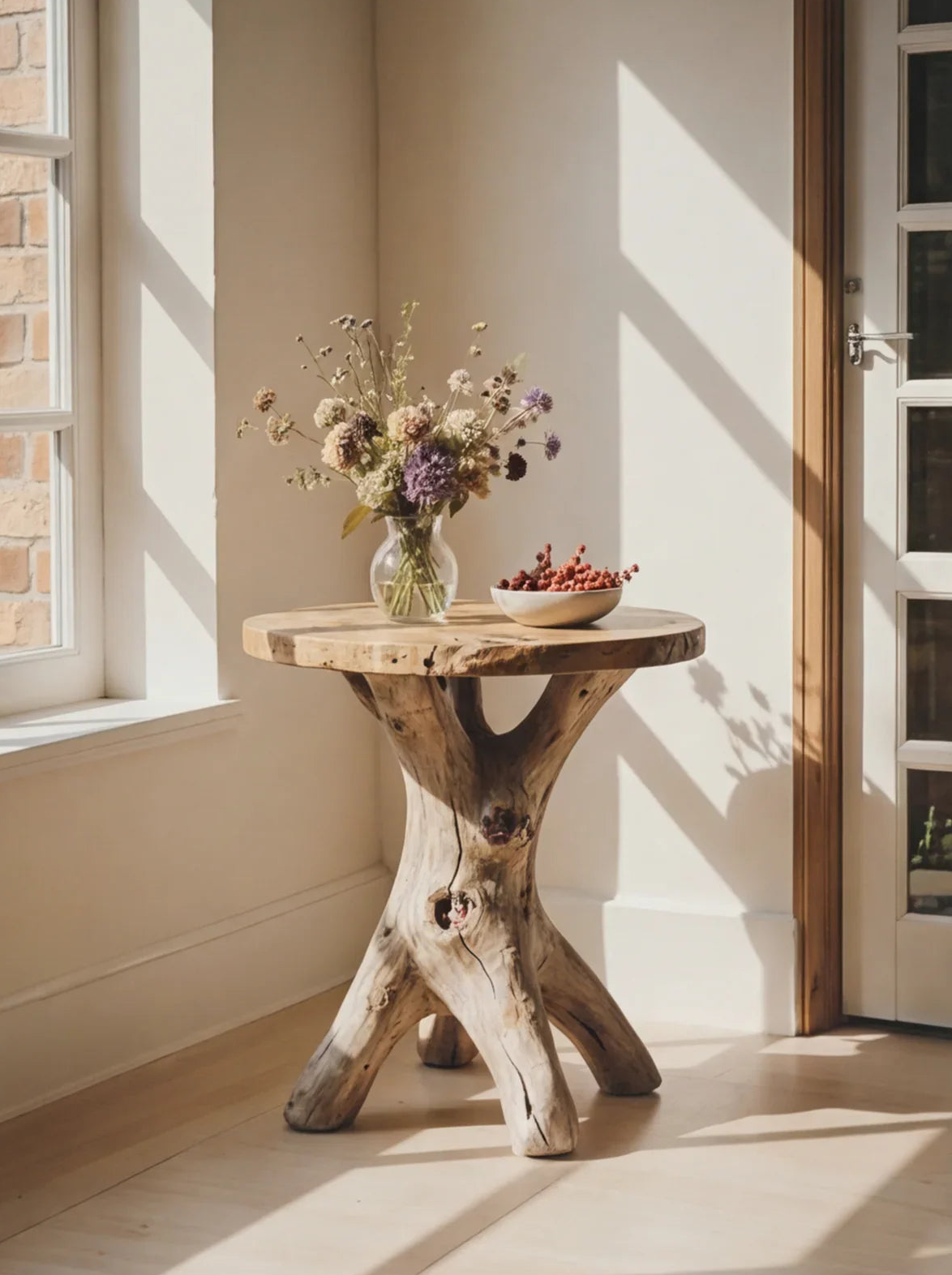 Ronde massief houten bijzettafel met droogbloemen en schaal in zonnige hoek