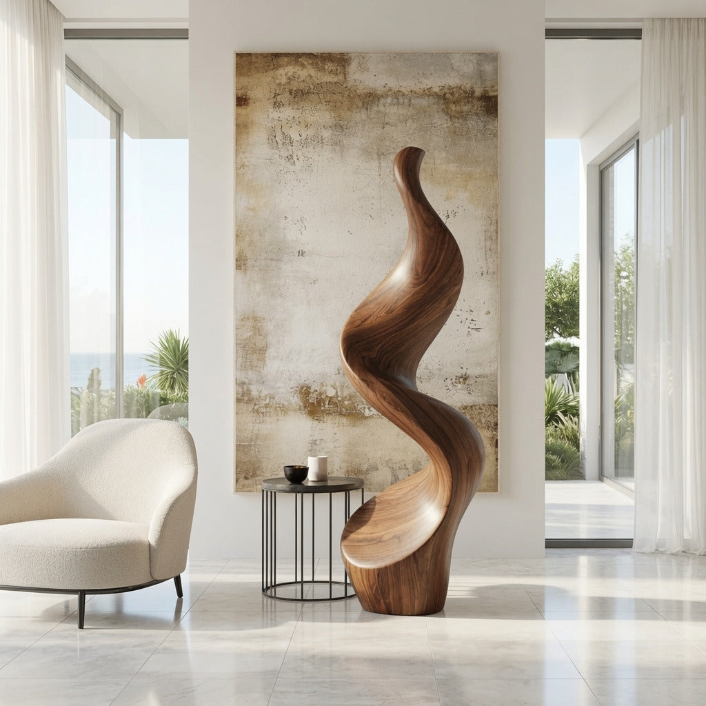 Abstracte getordeerde vloersculptuur van massief hout