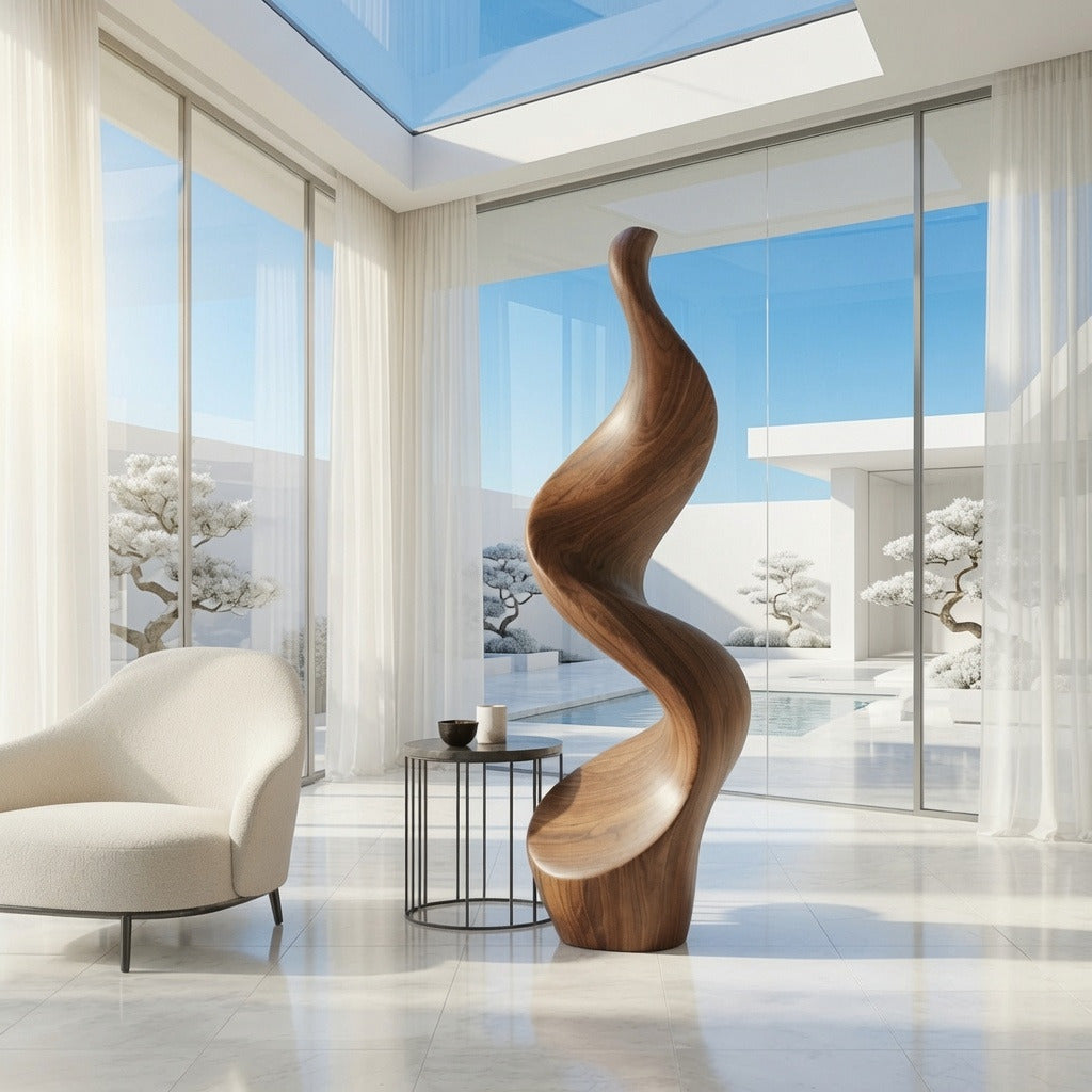 Abstracte getordeerde massief houten vloersculptuur in een moderne woonkamer