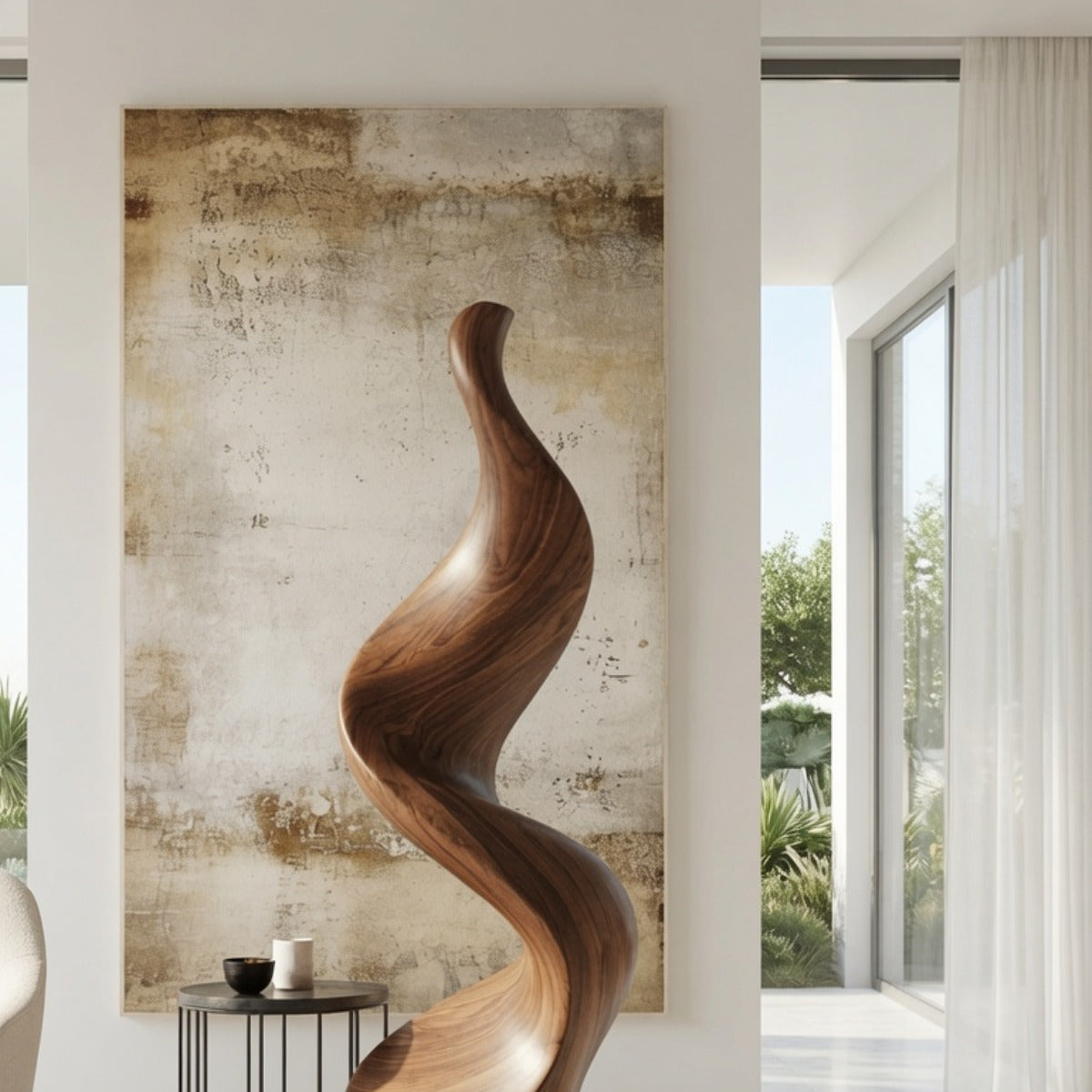 Eigentijdse abstracte houten vloersculptuur