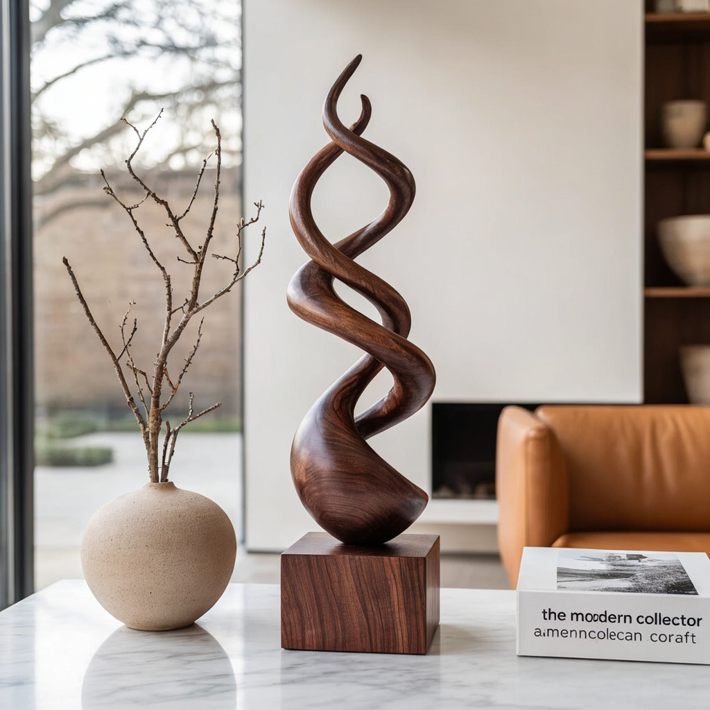 Abstracte getordeerde massief houten vloersculptuur in een moderne woonkamer