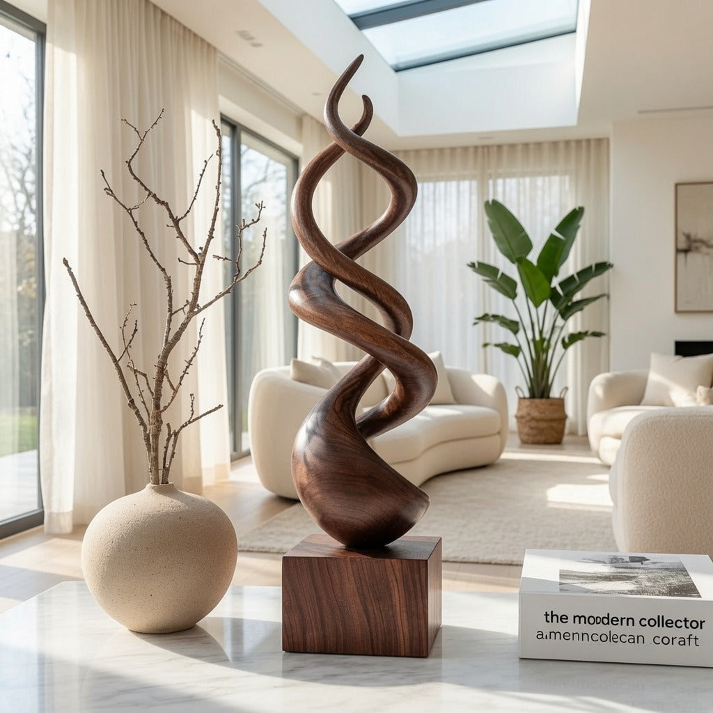 Organische massief houten vloersculptuur als blikvanger in een luxe interieur