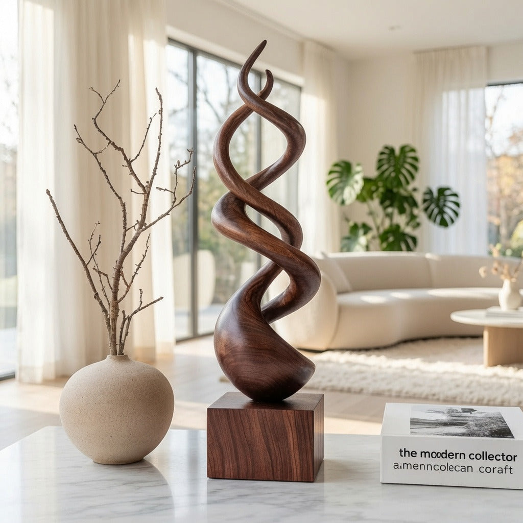 Moderne getordeerde houtsculptuur in een minimalistische woonkamer