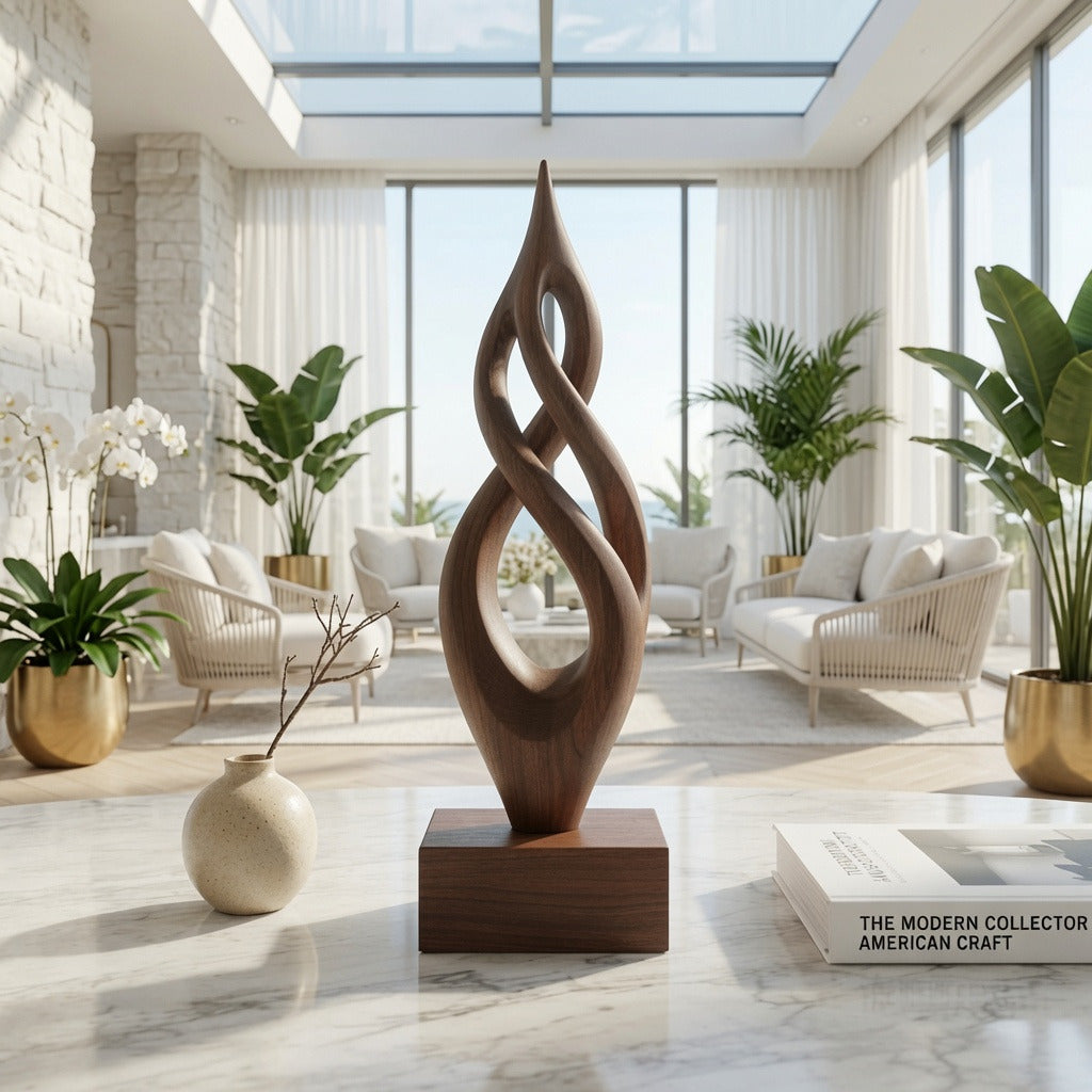 Abstracte handgemaakte massief houten sculptuur in een moderne woonkamer