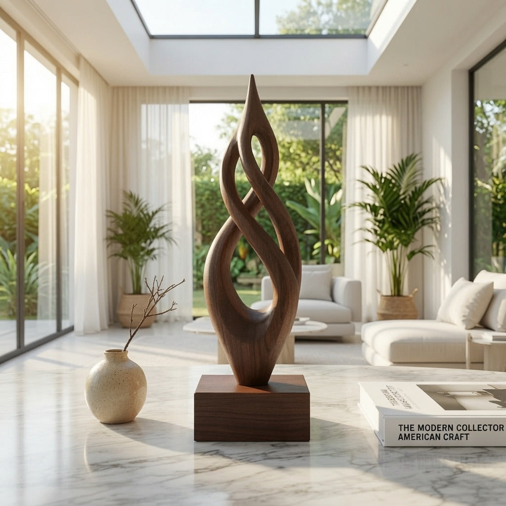 Handgemaakt abstract houten kunstobject in een luxe woning