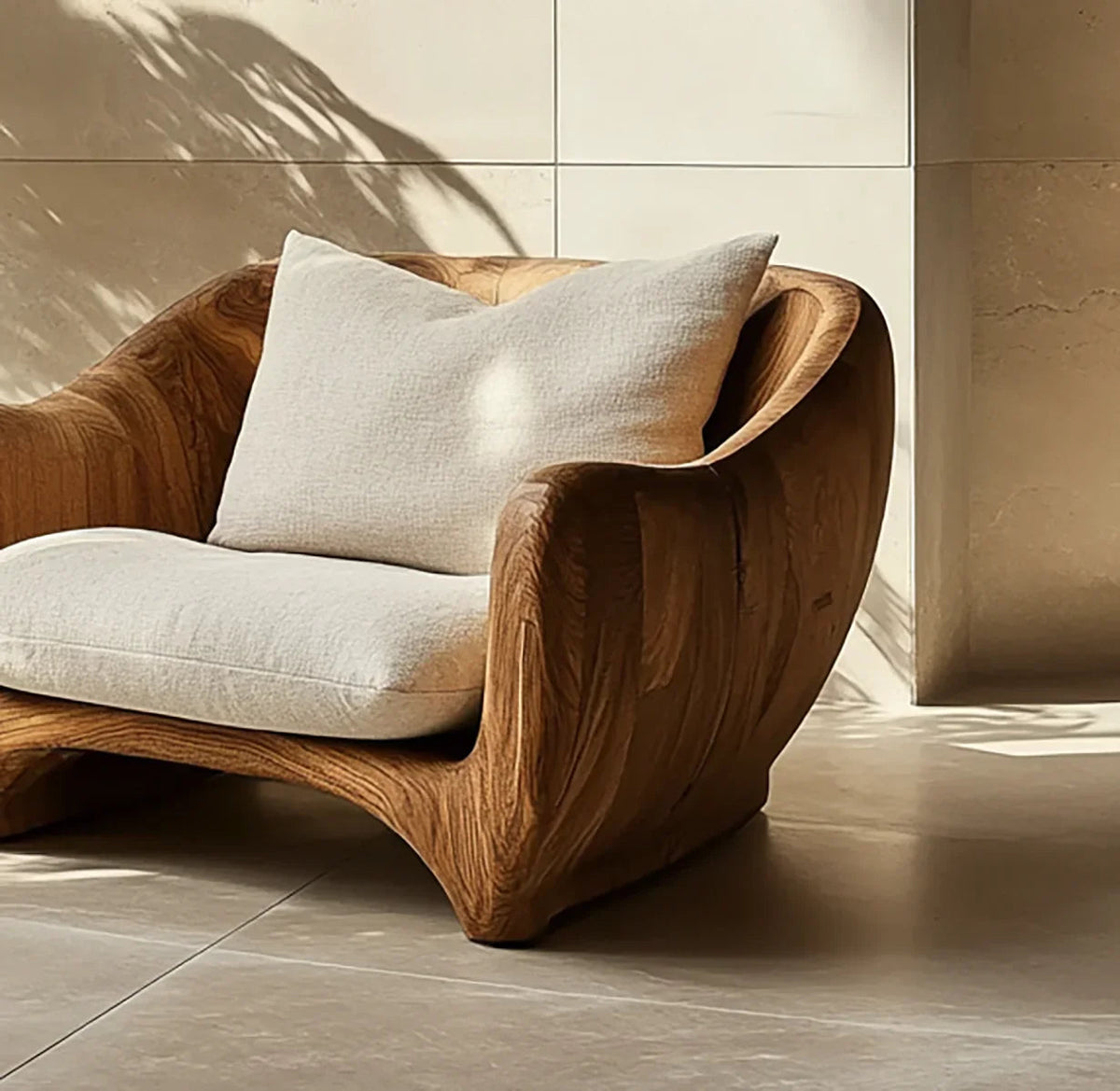 Sculpturale Lounge Fauteuil - Massief Hout Accent Zitmeubel
