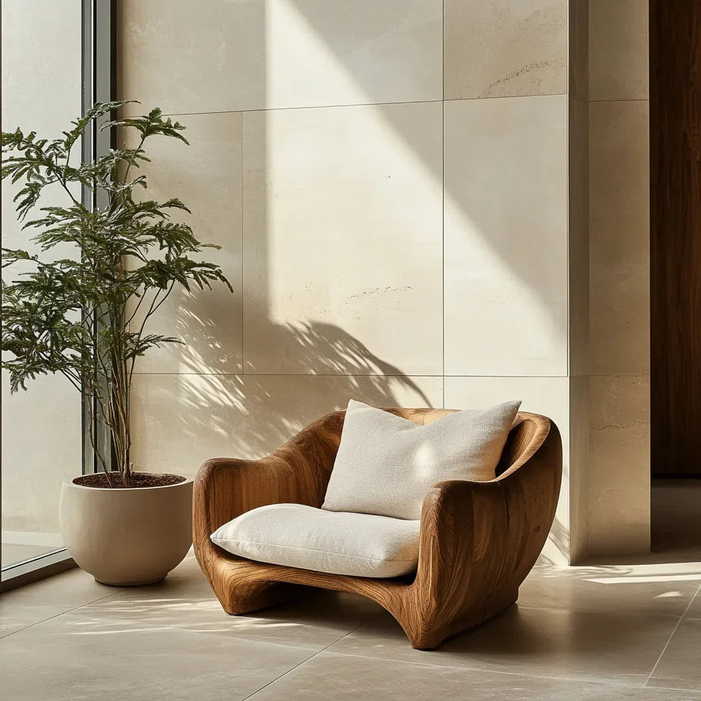 Sculpturale Lounge Fauteuil - Massief Hout Accent Zitmeubel