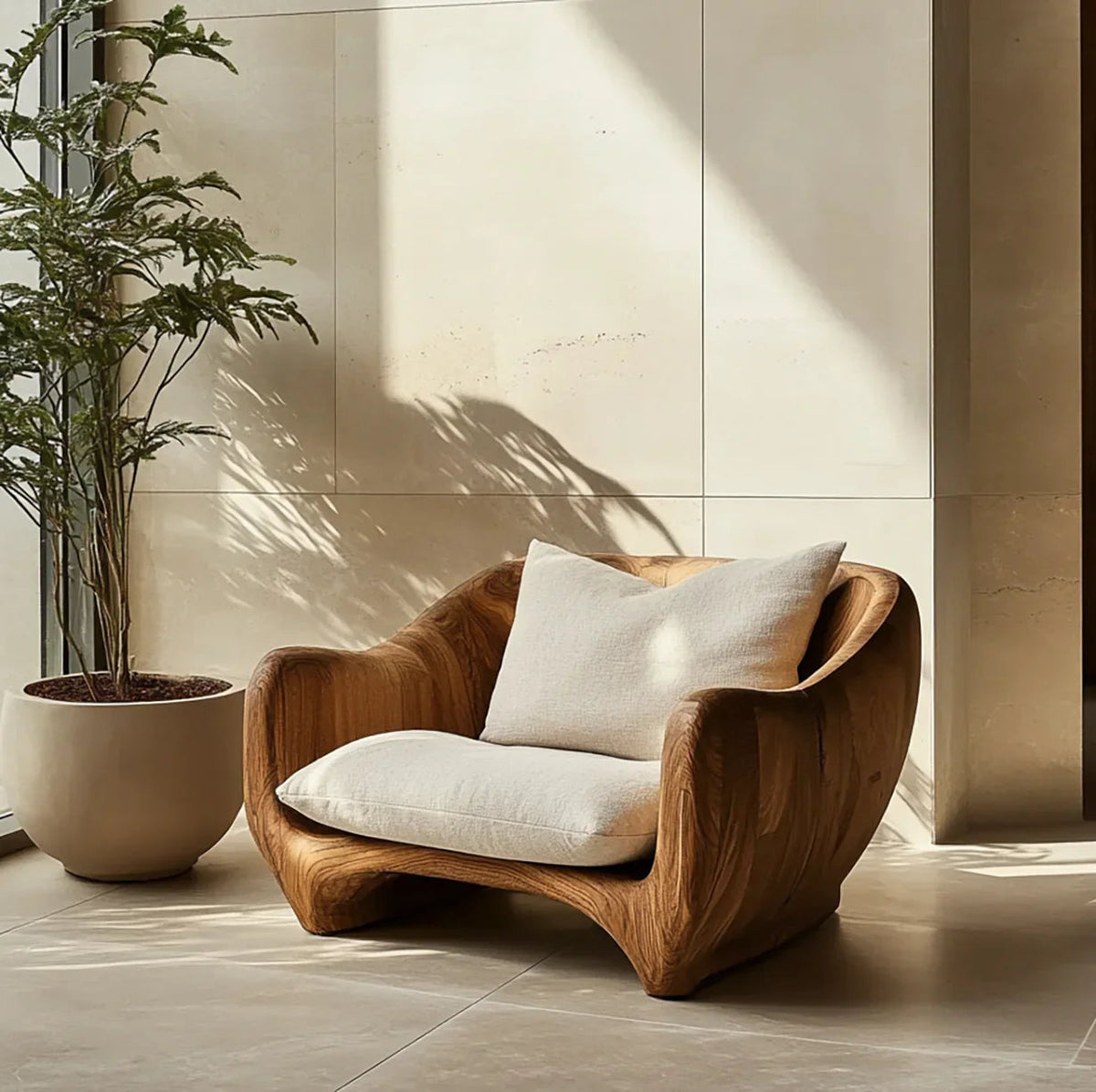 Sculpturale Lounge Fauteuil - Massief Hout Accent Zitmeubel