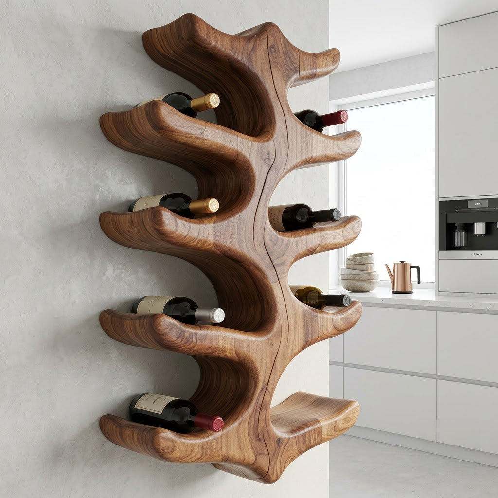 Organisch massief houten takkenwijnrek in een minimalistische keuken