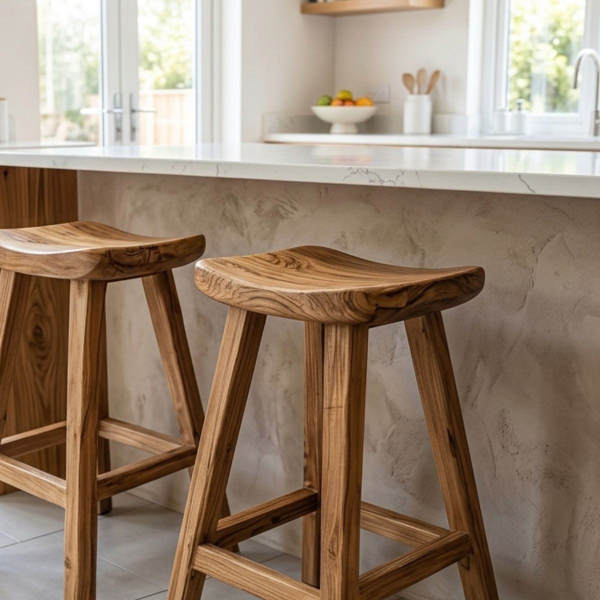 Rustieke houten barkruk met ergonomische zadelzitting