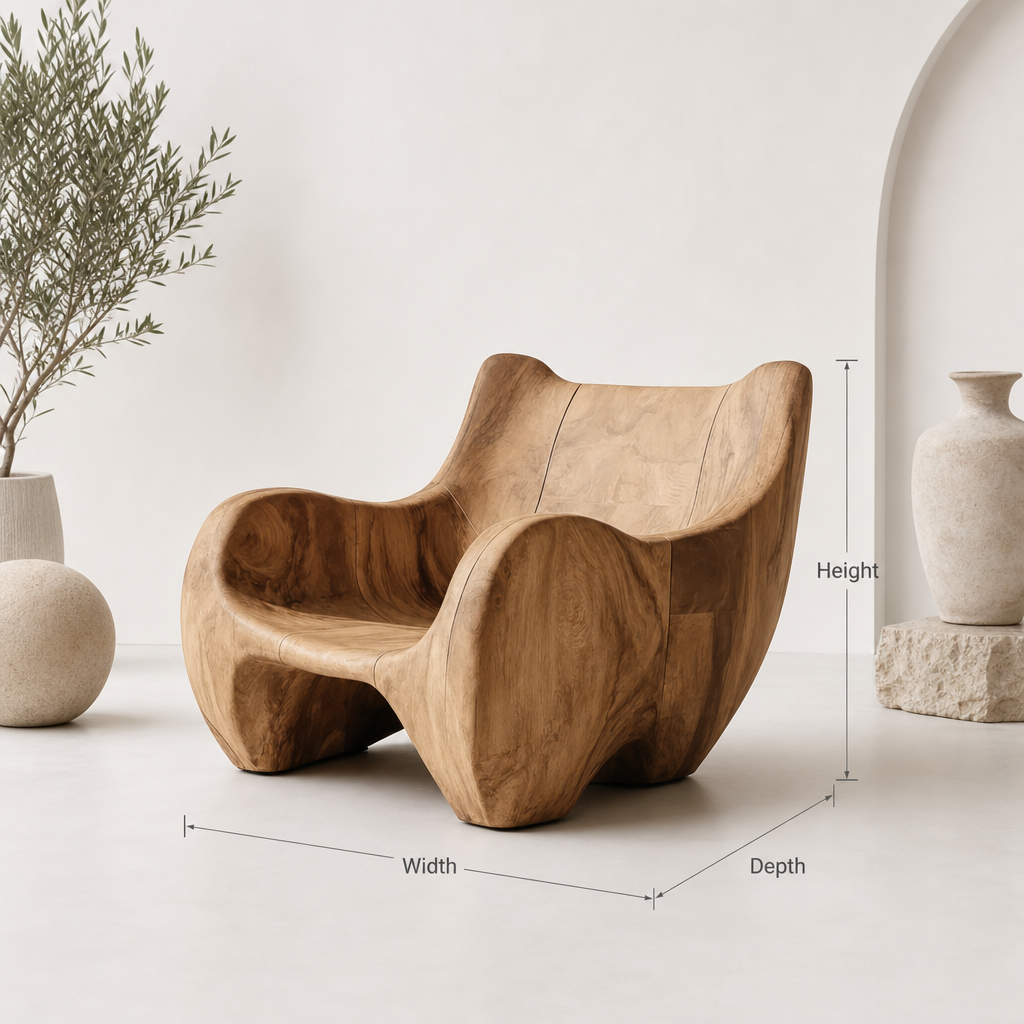 Massief houten sculpturale loungestoel voor een minimalistisch interieur