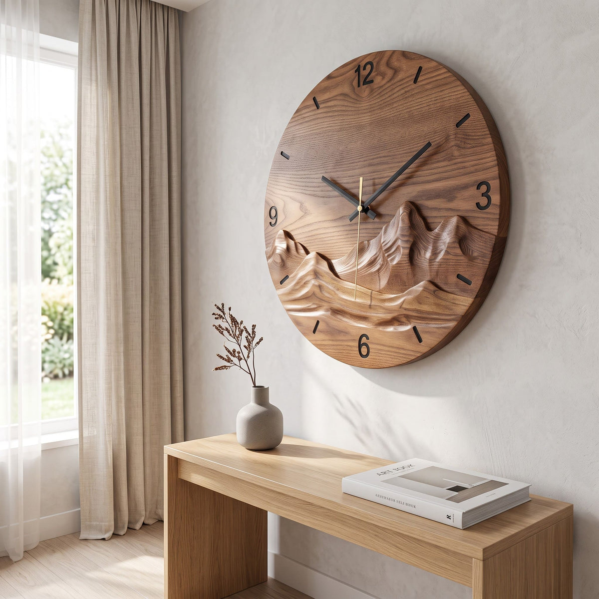 Sculptural solid wood mountain clock displayed in a minimalist living space