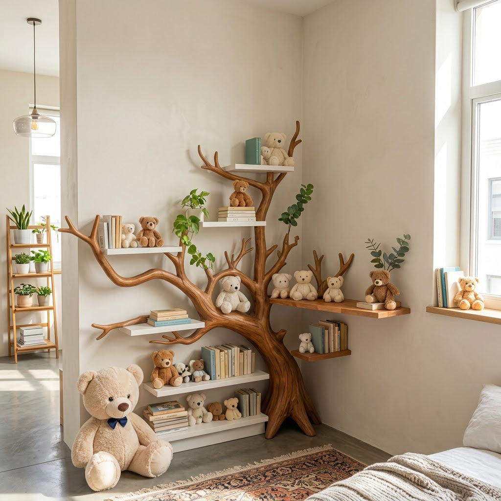 Ambachtelijke massief houten hoek boom boekenkast