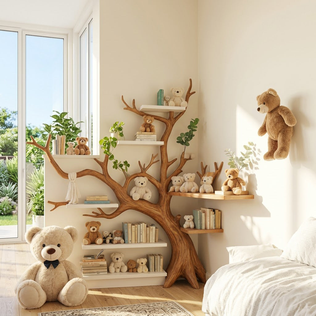 Natuurhouten boom boekenkast voor een speelse kinderkamer