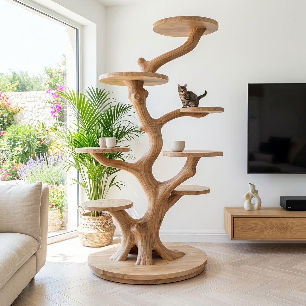 Sculpturale boom krabpaal met botanische plateaus van massief hout