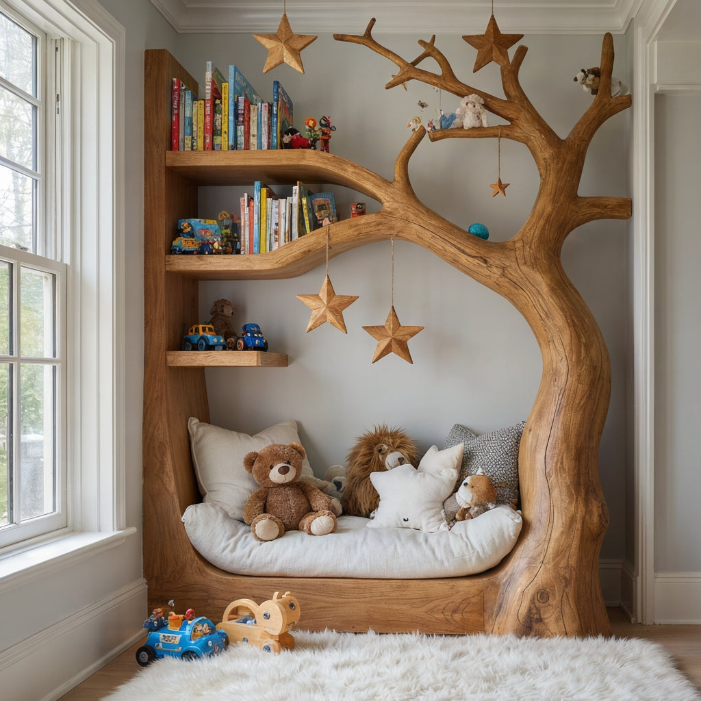Sprookjesachtig houten boom dagbed in een gezellige babykamer