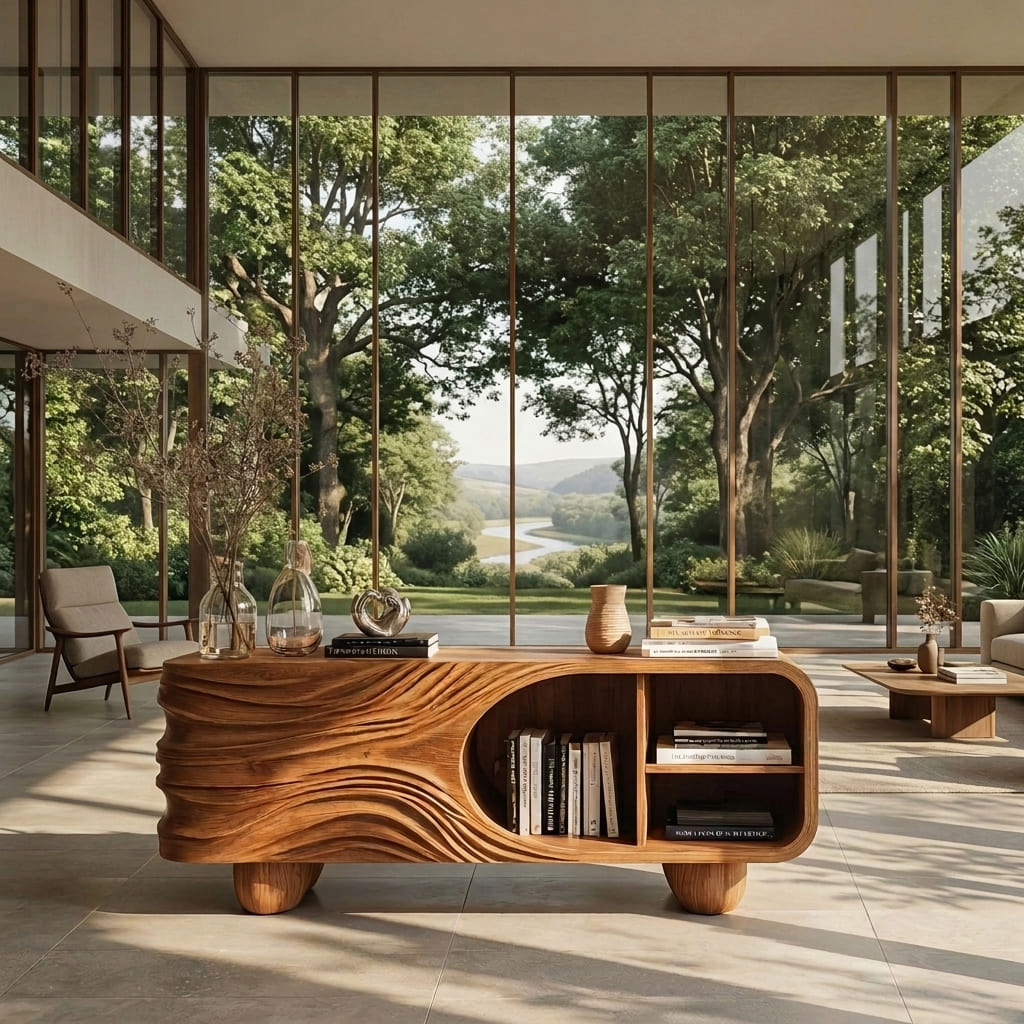 Artistiek gesneden dressoir van eersteklas massief hout met open legplanken