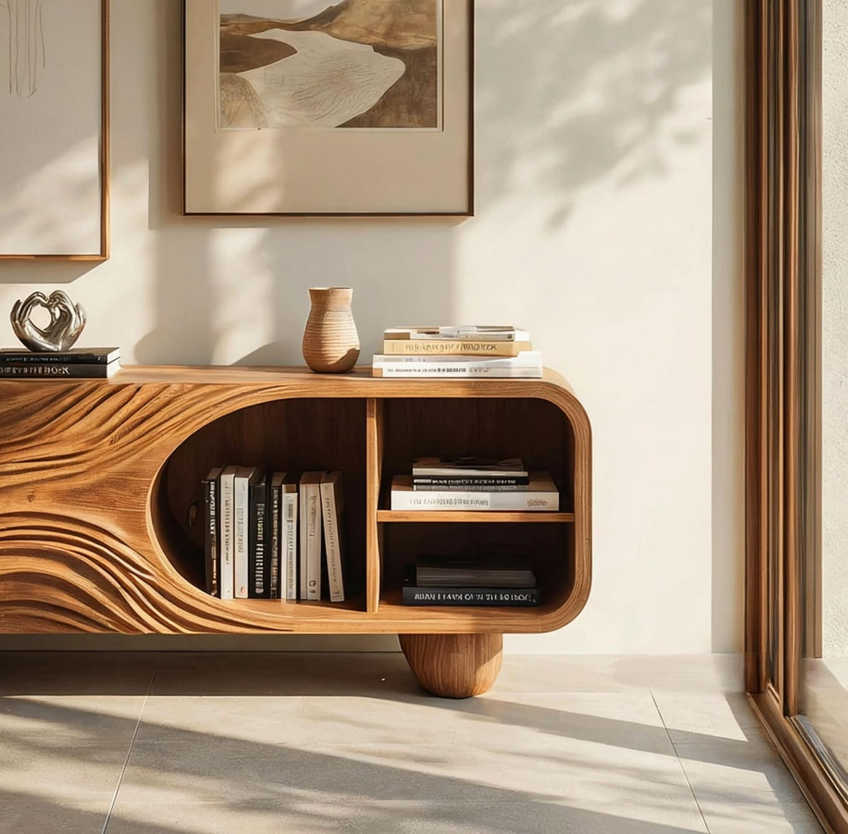 Massief houten dressoir met handgesneden details en geïntegreerde open schappen