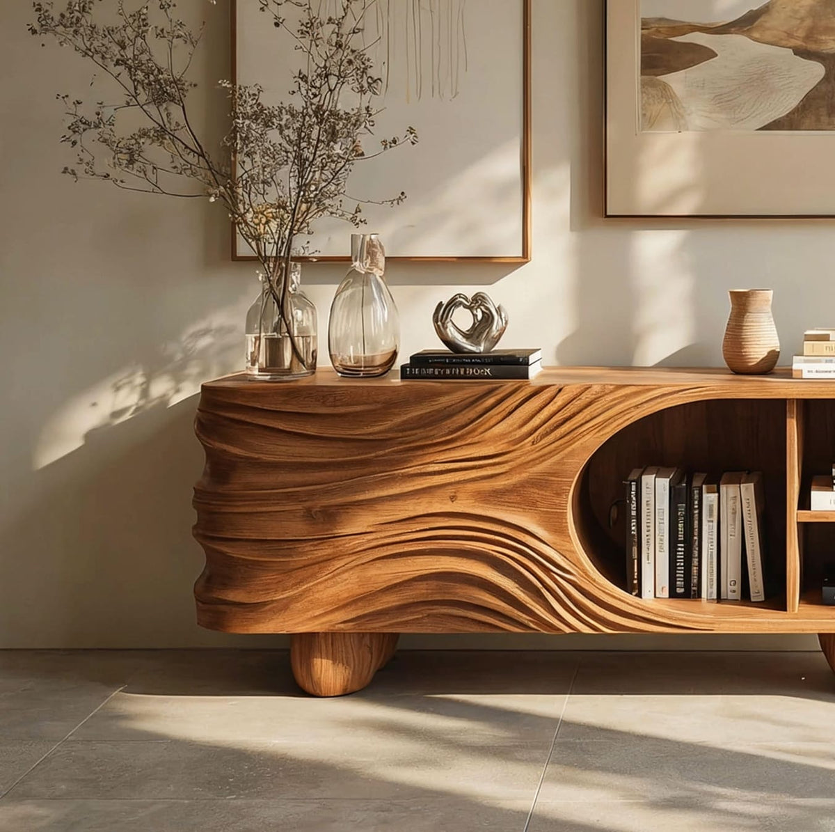 Massief houten dressoir met handgesneden details en geïntegreerde open schappen