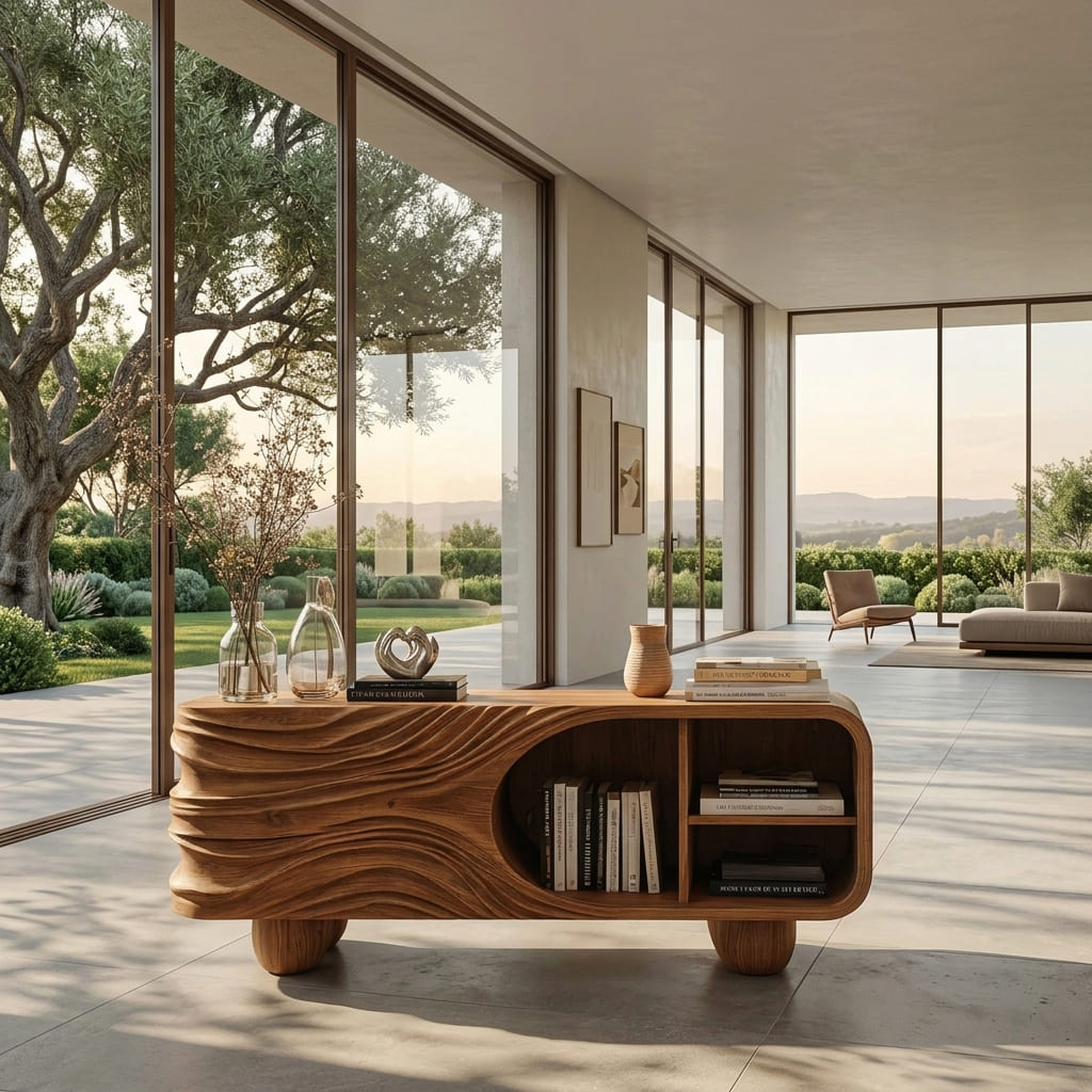 Organisch modern massief houten dressoir in een stijlvol woonkamerinterieur