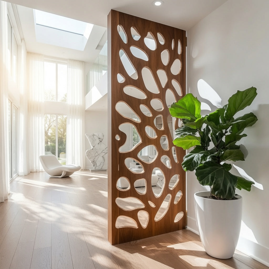 Artistieke opengewerkte massief houten scheidingswand in een moderne woonkamer