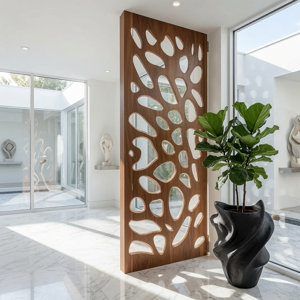 Moderne houten roomdivider in een minimalistisch interieur
