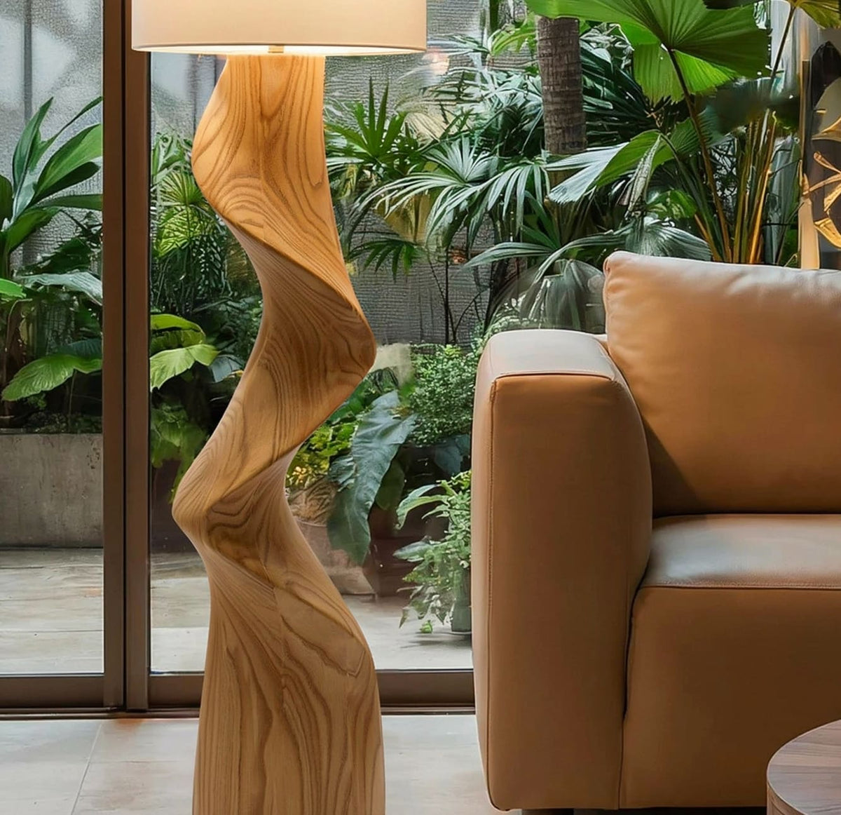 Artistieke getordeerde vloerlamp in een elegant minimalistisch interieur