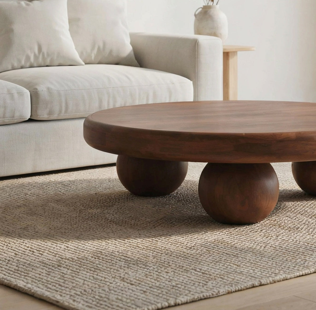 Handgemaakte boomrand salontafel met een elegant rond tafelblad