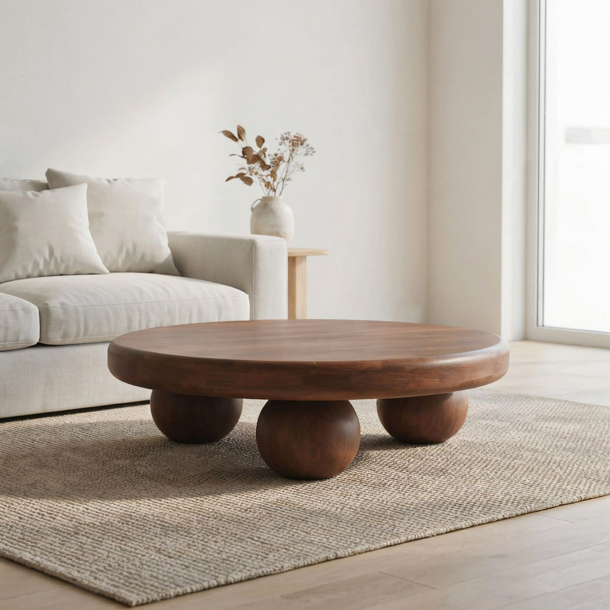 Artistieke ronde salontafel van massief hout met een sculpturaal bolonderstel