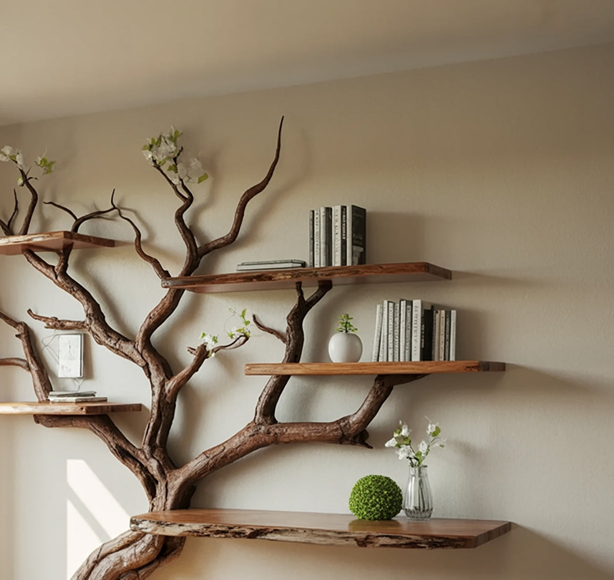 Zwevende boomboekenplank op een beige wand met rustieke boomrandschappen