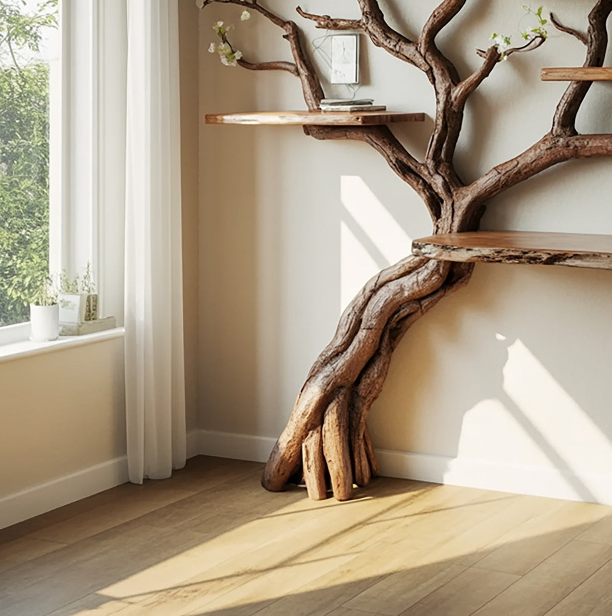 Artistieke houten boomboekenkast bij een raam met warm zonlicht
