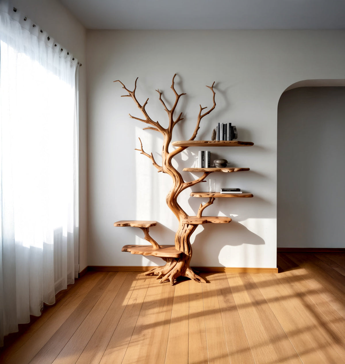 Echte boomboekenkast met een grillige stam en boeken op een houten vloer