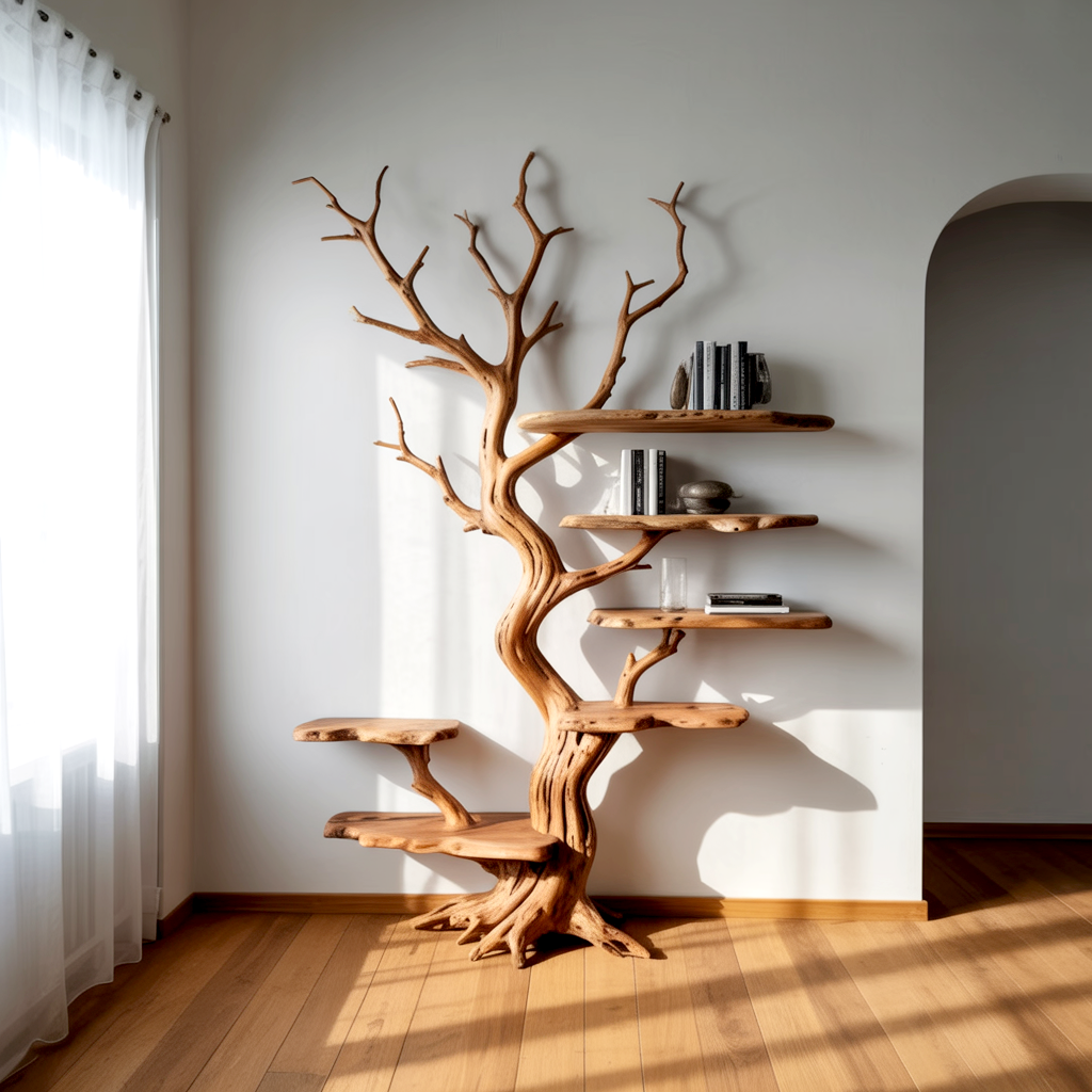 Artistieke zwevende boomtak boekenplank van massief hout
