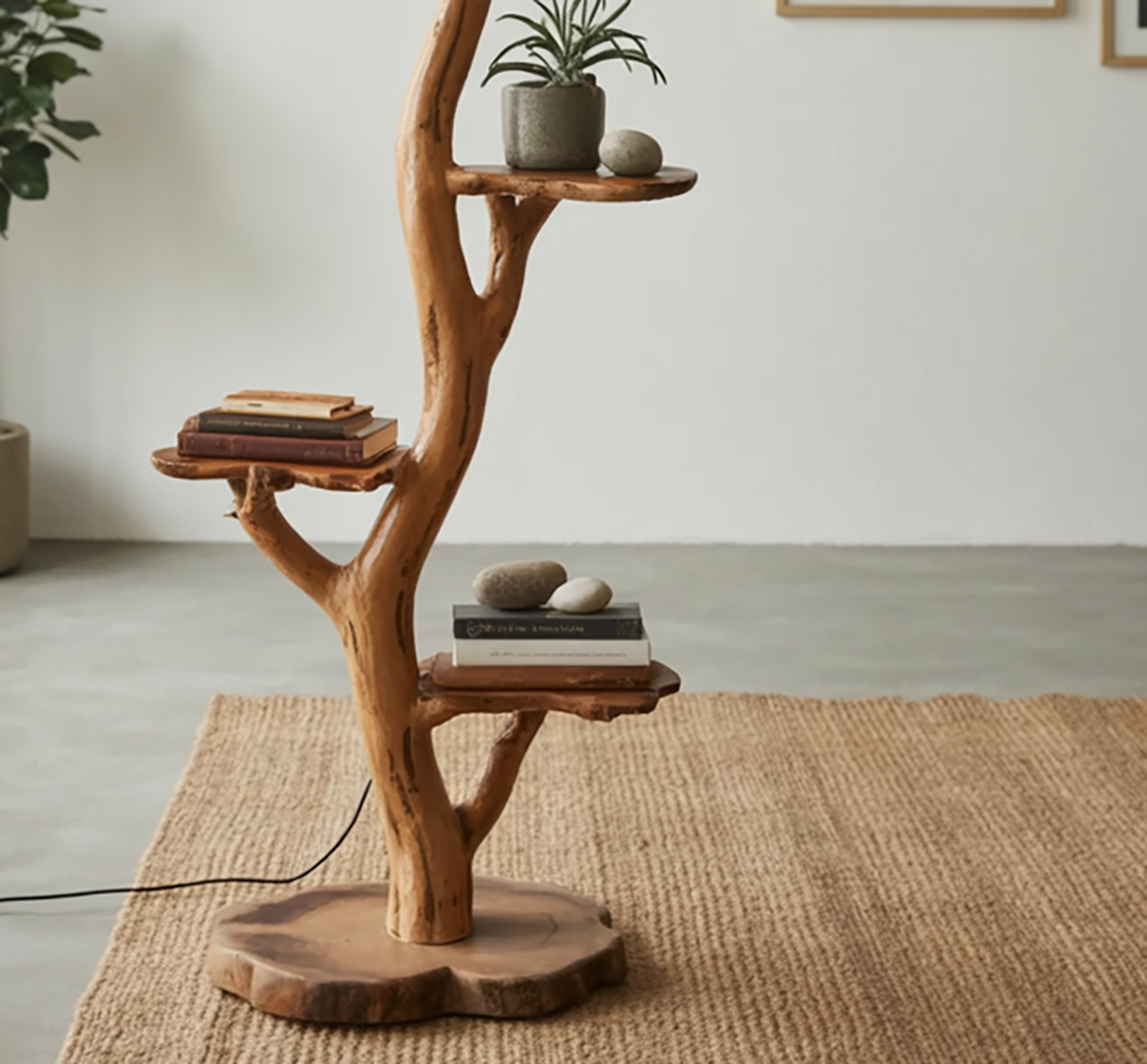 Houten boomlamp met ingebouwde displayschappen