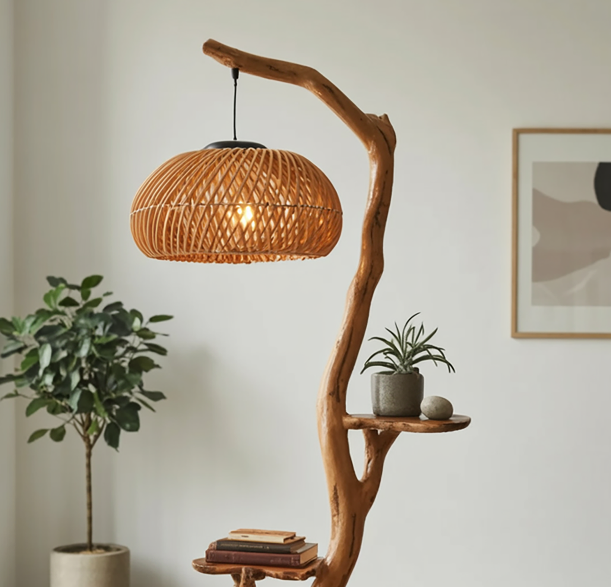Moderne Japandi vloerlamp gemaakt van natuurlijk hout