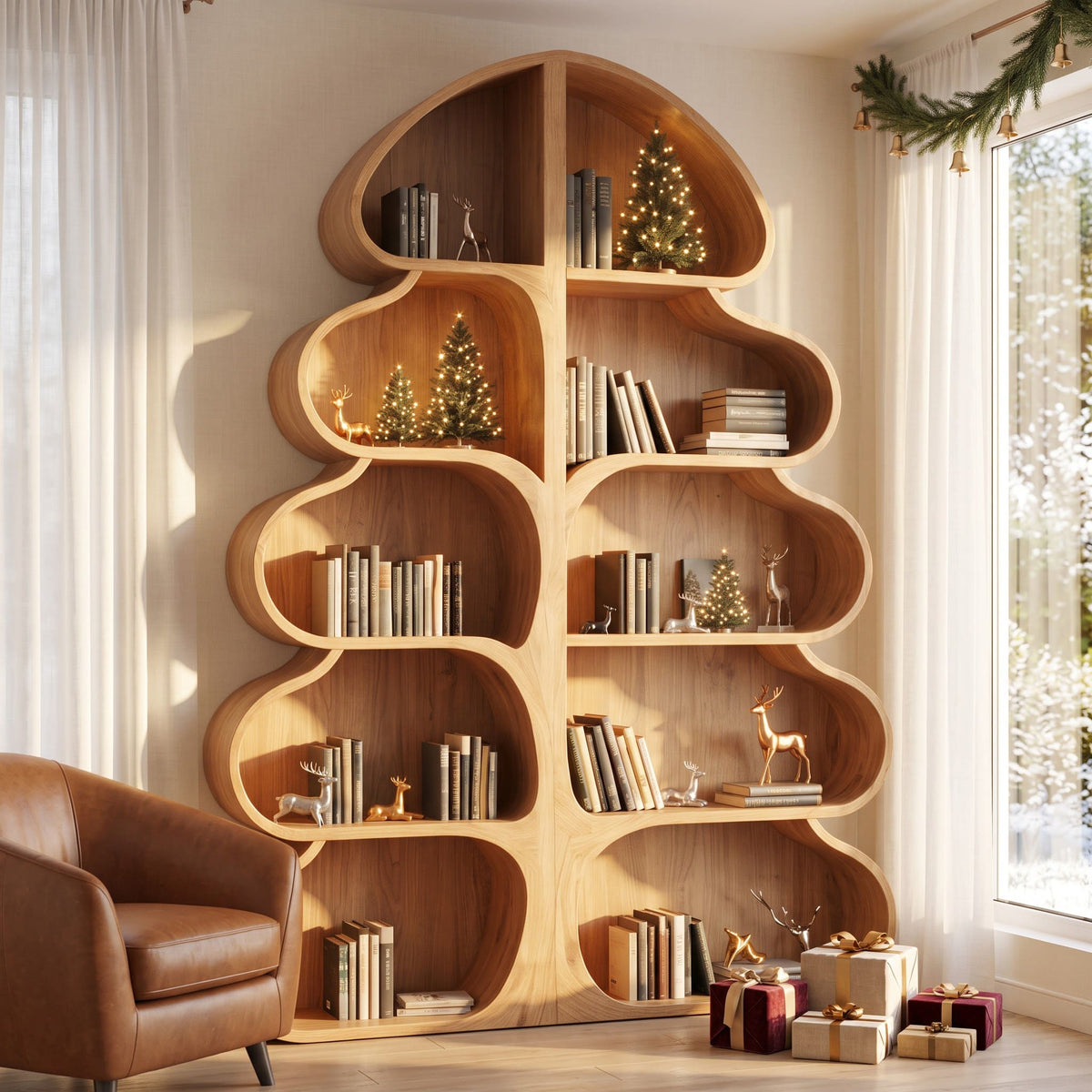 Handgesneden dennenboom boekenkast van massief hout