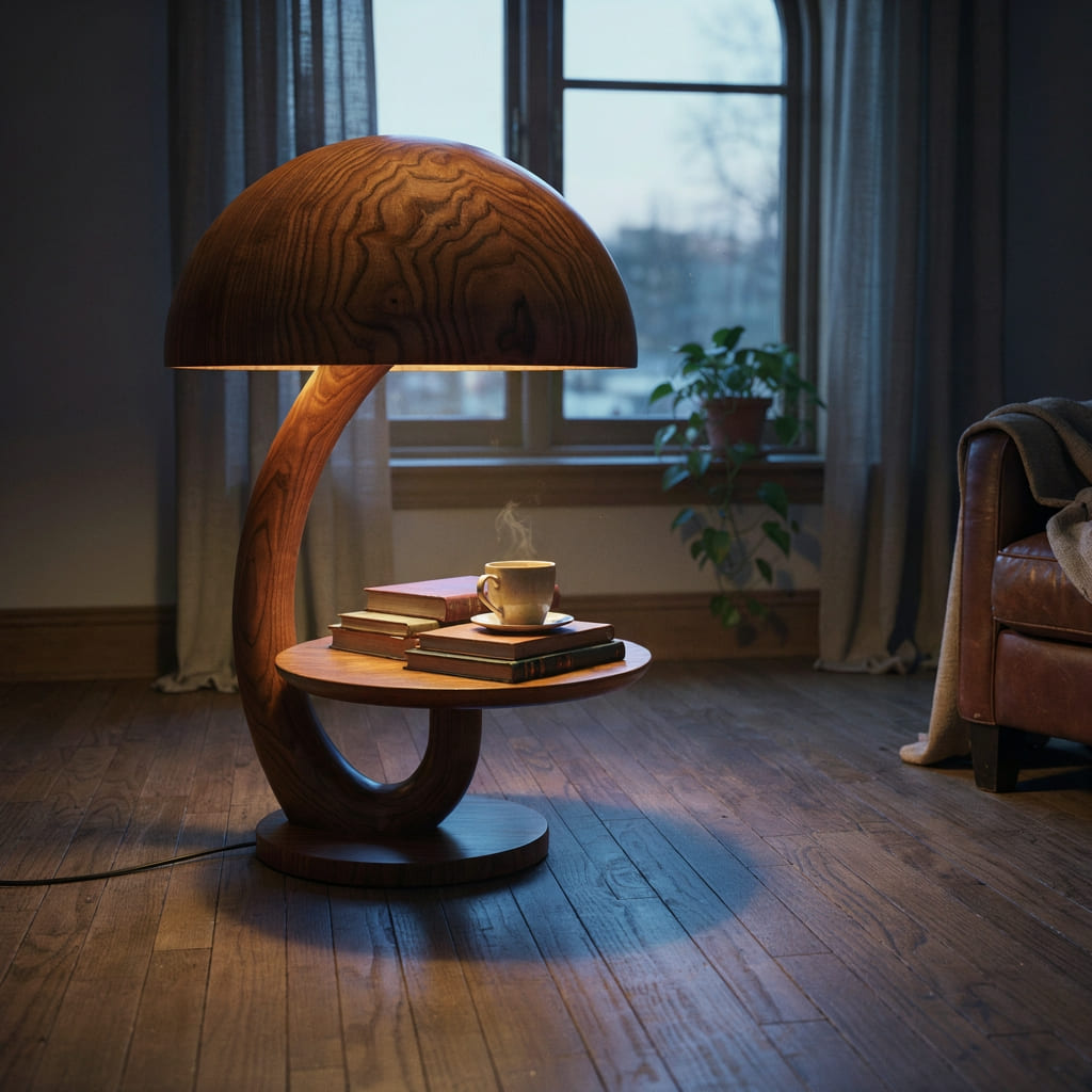 Handgesneden paddenstoel lamp bijzettafel van massief hout