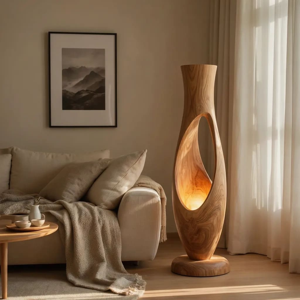 Handgesneden sculpturale vloerlamp van massief hout